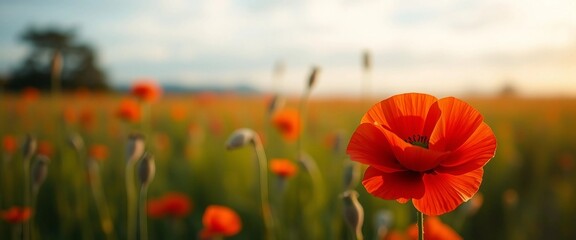 Vibrant poppy flower in field 