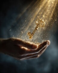 A golden antique key, glowing with ethereal light, floats above cupped hands shrouded in mystical dust