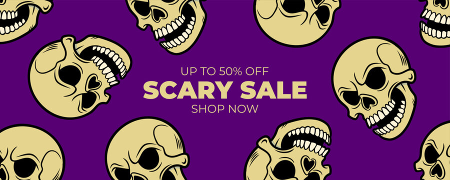 Scary Sale Banner. Halloween Sale Season commercial sign with creepy human skulls for discount shopping and holiday sales promotion. Vector illustration.