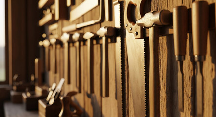 Woodworking tools displayed on workshop wall