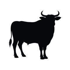 Powerful Bull Silhouette Standing Strong against a White Background with Curved Horns, bull silhouette on farm silhouette vector illustration