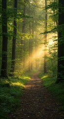 Obraz premium Enchanted Forest Path: A winding path beckons through a sun-dappled forest, with towering trees and a sense of mystery