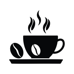 Elegant black and white image of a steaming cup of delicious coffee, coffee cups and beans icon silhouette vector illustration