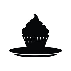 Silhouette of delicious cupcake with swirling frosting on a simple serving plate, cupcake on a plate silhouette vector illustration