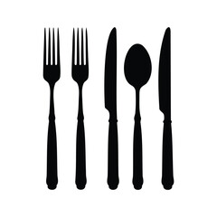 Elegant arrangement of cutlery in silhouette showing forks, spoons and knives, cutlery set silhouette vector illustration