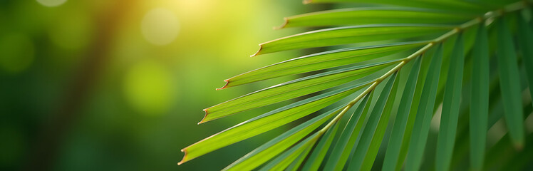 captures intricate textures overlapping palm leaf fronds set warm layered green background