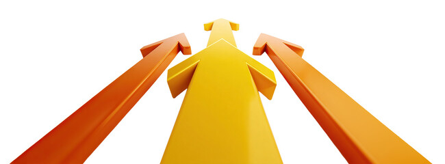 Set of four orange arrows pointing upward in a 3D glossy style, isolated on transparent cutout background