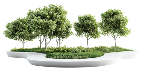Modern park island with lush green trees and white curved bench, isolated on transparent cutout background