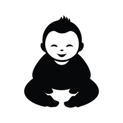 Adorable baby illustration in a minimalist black and white style sitting down, newborn baby silhouette vector illustration