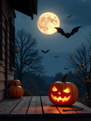 lone rustic porch glows warmly soft moonlight carved face aglow dark silhouettes bats wing way