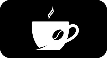 Steaming white coffee cup with a coffee bean design against a black background