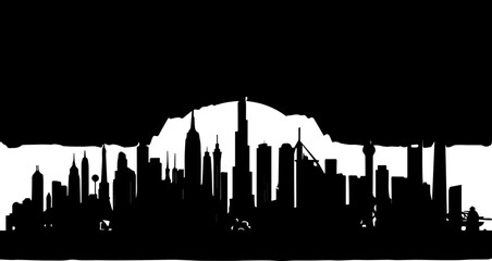Dynamic city skyline silhouette against dramatic mountain backdrop, representing urban ambition and natural grandeur.