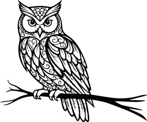 Majestic owl with intricate patterns perches elegantly on a bare branch, symbolizing wisdom and mystery