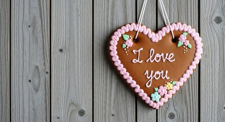 Heart-shaped gingerbread cookie with I love you message hanging on wooden wall.
