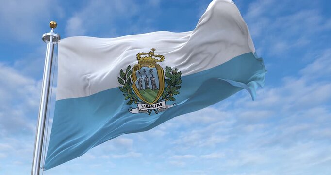 San Marino flag with flagpole waving in wind, rolling clouds background looping, 4K video (Perfect Loop)