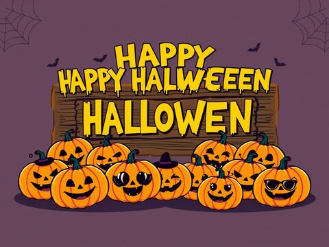Happy halloween wooden sign with a group of carved pumpkins