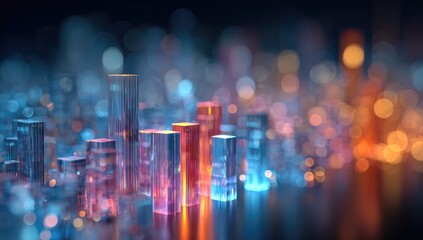 Futuristic cityscape rendered in translucent glass prisms, glowing with cool blues and warm oranges against a dark, bokeh-filled background