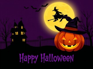 Spooky halloween scene with jack o lantern witch and haunted house under a full moon
