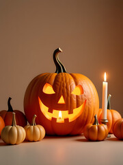 large intricately carved halloween pumpkin sits center frame illuminated warm candle soft glow surrounded numerous smaller