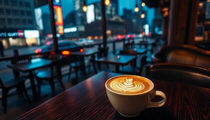 Intricate latte art in a ceramic cup sits on a dark wooden table in a dimly lit city cafe at night,  low light,  cozy