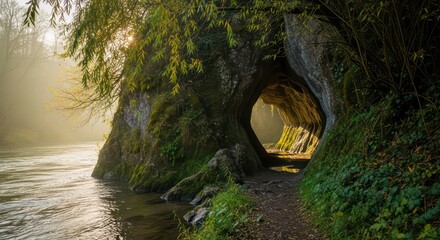 Riverbank Cave Entrance with Mossy Rock and Sunlit Interior on a Foggy Morning