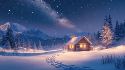 A cozy cabin glows warmly under a starry night sky in a winter wonderland landscape painting style