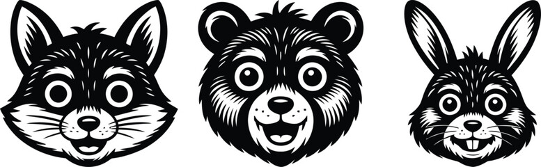 Obraz premium Cartoon fox bear and rabbit heads in black and white style