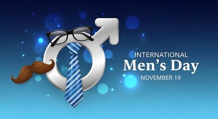 International mens day concept with male symbol, glasses, tie and mustache on blue background
