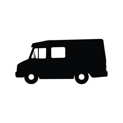 Black silhouette of a delivery van or food truck on a white background, taco truck silhouette vector illustration