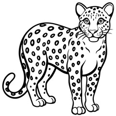 Naklejka premium A playful black and white outline drawing of a spotted leopard standing alert isolated on white background silhouette