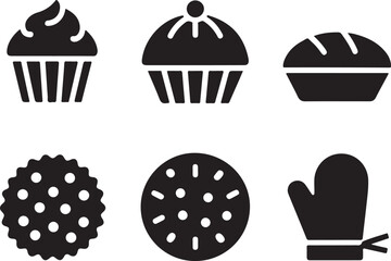 Set of five bold black vector icons representing baking and cooking elements