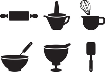 Set of five bold black vector icons representing various baking elements and tools