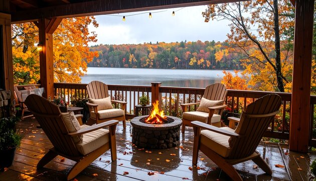 Cozy Deck Lakeside with Fire Pit Autumn Bliss with Lake View Fall Foliage. - Powered by Adobe