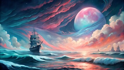 Sailing Ship at Sea Under a Dramatic Full Moon

