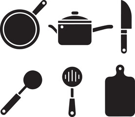 Set of five bold black vector icons for cooking and food related concepts