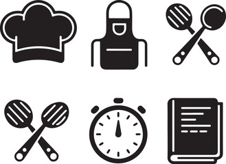 Set of five bold black vector icons for cooking and food related concepts
