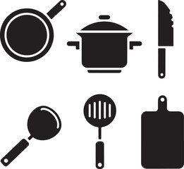 A collection of five bold black vector icons representing various cooking and kitchen utensils perfect for culinary designs
