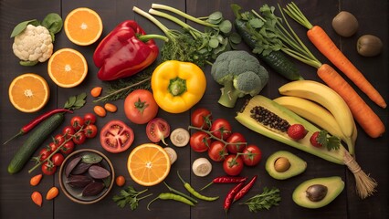 Obraz na płótnie Canvas Colorful assortment of fresh fruits and vegetables including oranges, tomatoes, peppers, bananas, broccoli, and carrots arranged in a vibrant display. 