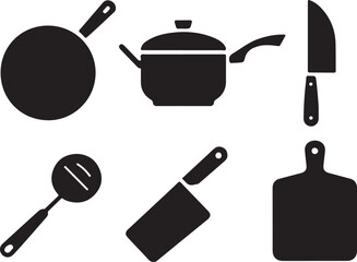 A collection of five bold black vector icons representing various cooking and kitchen elements for culinary design projects