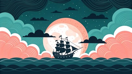Sailing Ship at Sea Under a Dramatic Full Moon
