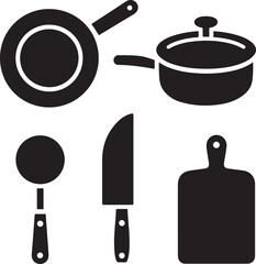A collection of five bold black vector icons representing various cooking and kitchen utensils perfect for digital design projects