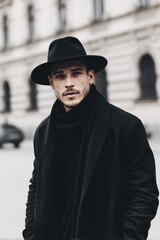 A stylish man wearing a black hat mockup and scarf, standing outdoors in an urban setting