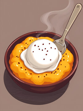 Warm Cornmeal Mush Served with a Scoop of White Ice Cream - Vector Illustration