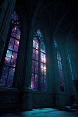 Gothic cathedral interior, large stained-glass windows depicting a vibrant nebula, dimly lit, ethereal atmosphere