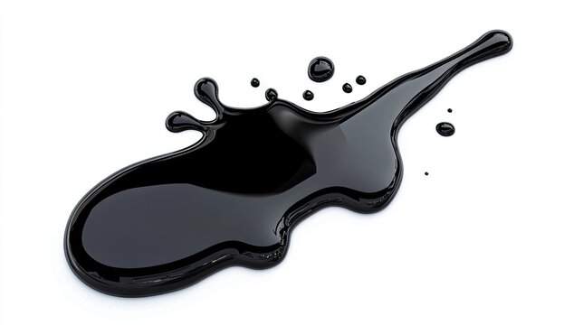 Dark, viscous liquid splatters on white background