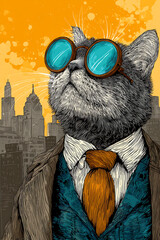 Fototapeta premium A stylish cat wearing goggles and a suit gazes confidently over a city skyline at sunset