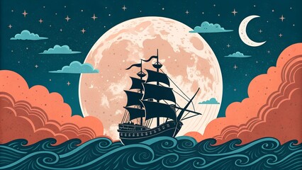 Sailing Ship at Sea Under a Dramatic Full Moon

