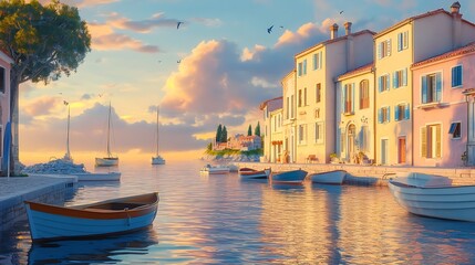 Peaceful sunset scene over Adriatic coastal town with colorful buildings boats and calm waters for travel destination serenity nature landscape concept