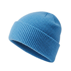 Isolated light blue knit beanie hat on transparent background