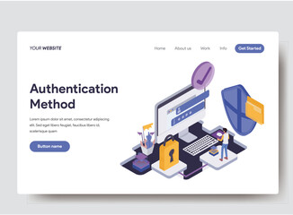 E-commerce and Marketplace An “Authentication Method” webpage with an isometric security scene, on a light background